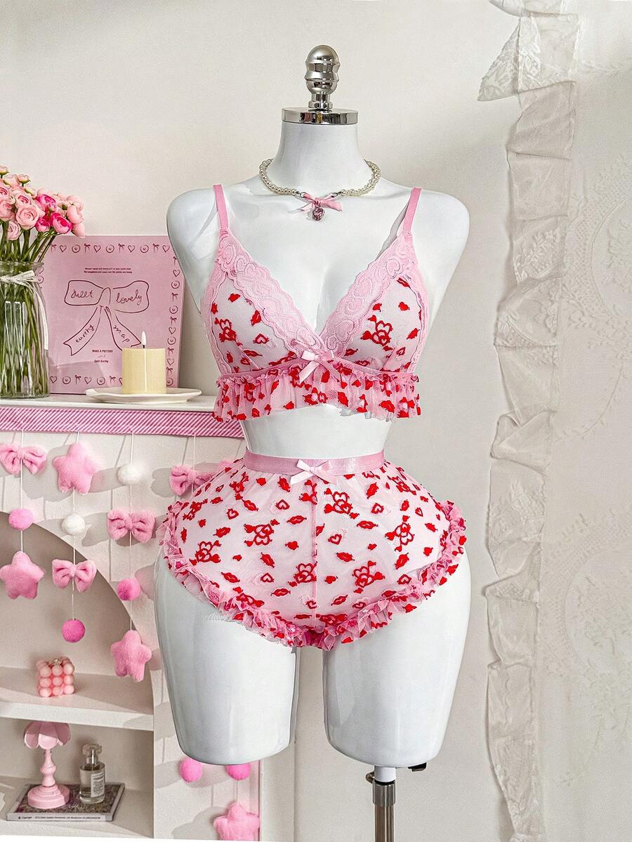 PetitDoll 2pcs Heart-Shaped Lace Wireless Bra Set, Sweet & Sexy - Multicolor - View 1