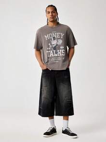 MONOPOLY X SHEIN Camiseta casual de manga corta con cuello redondo y estampado de dibujos animados para hombres, MONOPOLY - Gris Oscuro - Ver 5