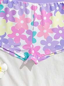 SHEIN Bộ đồ bơi Tankini 2 mảnh cho bé gái tuổi teen, áo crop top hai dây in hoa và quần short màu trơn, tay dài, có khóa kéo, thích hợp cho bơi lội, kỳ nghỉ, bãi biển, hồ bơi mùa hè. Đồ bơi tay dài cho bé gái, quần short chống nắng cho bé gái, bộ đồ bơi chống nắng cho tuổi teen, đồ bơi tay dài cho bé gái, áo tắm tay dài chống nắng cho bé gái, đồ bơi mùa xuân hè, lựa chọn đồ bơi, đồ bơi cho bé gái, áo chống nắng cho bé gái, đồ bơi tuổi teen, đồ bơi cho thiếu nữ. - Màu tím - Xem 5