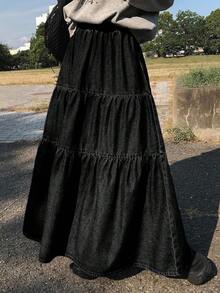 FRIFUL Women's Elastic Waist Pleated Casual Versatile Daily Wear Denim Skirt - Black - View 3