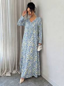 Yasmyna 女士优雅印花V领长袖阿拉伯风格连衣裙，秋季 - 藍色 - 查看 4