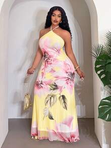 Slaydiva 2026 Summer New Arrivals: Birthday Party, Back To School, Preppy Style, Student Wear, Casual Outings, Basic Versatile, Casual, Vacation, Cruise Travel, Beach, Seaside, Sunbathing, Influencer Hot Items, Street Style, Millennial Sexy Girl, Halter Neck, Backless, Fresh Large Floral Pattern Mesh Women's Plus Long Dress - A - Multicolor - View 5