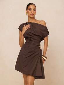 Lumalex 女士纯色不对称下摆褶皱肩部时尚连衣裙 - 棕色 - 查看 7