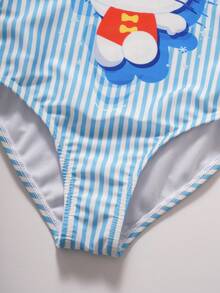 HELLO KITTY AND FRIENDS | SHEIN 女童条纹卡通图案方领连体泳衣 - 藍色 - 查看 5