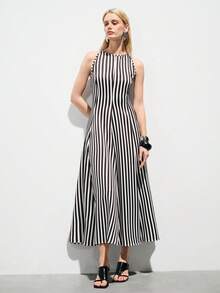Aveloria Modichic Elegent Summer Black And White Checkered Blue Striped Sleeveless High Neck Fitted Waist A-Line Dress,Smooth Stretchy Fabric,Brunch Business Gala Party - Black and White - View 4