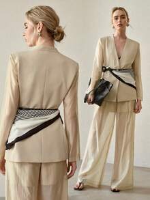 MOTF PREMIUM WOMEN'S SOLID COLOR SCARF DECOR BLAZER - Khaki - View 7