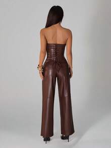 SHEIN PETITE 女士PU皮露脐上衣和阔腿裤两件套，休闲性感秋季女装，棕色皮裤，女士无肩带上衣，棕色皮衣套装，皮质束身衣，棕色无肩带束身衣 - 酒紅色 - 查看 3