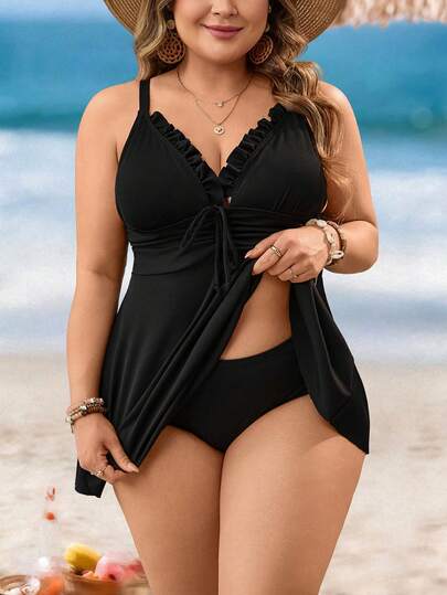 Swim Lushoire Conjunto de traje de baño de verano 2026 para mujer talla grande con parte superior de tankini con volantes cruzados y Bottom, sexy y casual para playa y vacaciones