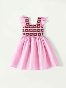 Maija Kids 1 chiếc đầm không tay màu hồng phối lưới, kiểu dáng thanh lịch, thoải mái, dễ thương, nhiều màu sắc, họa tiết hoa móc, thích hợp mặc hàng ngày, đi học, dã ngoại, họp mặt, lễ hội, mùa xuân và mùa hè. - Hồng - Xem 2