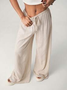 SHEIN ICON 女士休闲纯色抽绳腰直筒裤 - 杏色 - 查看 4