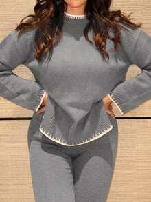 MDEdit 女式休闲落肩长袖毛衣和裤子两件套 - 灰色 - 查看 6