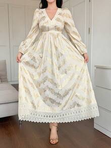 DAZY 撞色蕾丝V领宽松长袖优雅度假连衣裙（女士款） - 杏色 - 查看 3