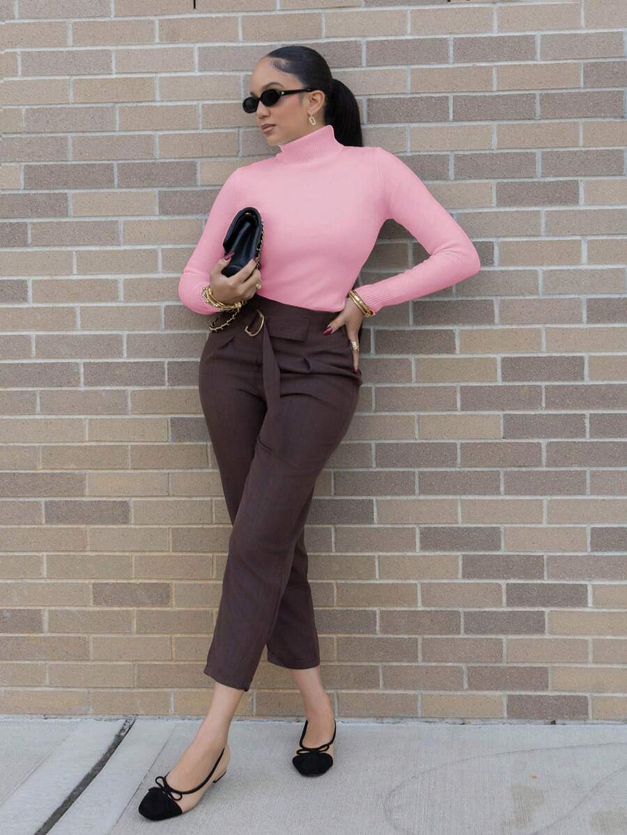 Melissa Matos 高领加厚保暖修身毛衣，保暖贴身打底衫，秋冬季针织套头衫 - 粉色 - 查看 1