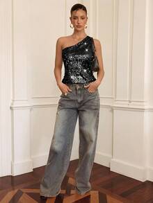 Aloruh Y2K Silver Sequin Crop Top For Music Festival/Concert,Summer Top - Black - View 6