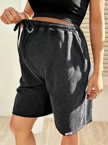 SHEIN Pantalones cortos casuales y versátiles para uso diario con cintura con cordón para maternidad - Negro - Ver 7
