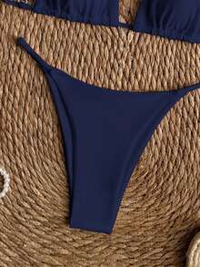 Swim Vcay Bộ bikini hai mảnh gợi cảm màu trơn dành cho nữ, thích hợp mặc đi biển mùa hè. - Màu xanh hải quân - Xem 5