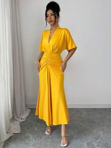 SHEIN Elenzya Elegant Romantic V-Neck Ruffle Sleeve Pleated Yellow Dress, Suitable For Vacation And Commute - Yellow - View 6