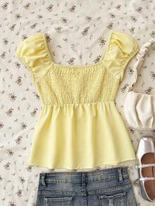 Áo kiểu cho bé gái tuổi teen, kiểu dáng đơn giản, thoải mái, kẻ caro với xếp ly phía sau. - Màu vàng - Xem 2