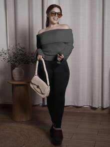 Lupita Cardoza Sweater Pullover Wanita Kasual Warna Polos dengan Lipatan di Bahu, Musim Gugur - Grey - View 3