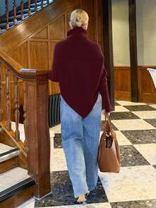 Bethéva 女式露肩裹身酒红色超长毛衣，秋冬 - 酒紅色 - 查看 2