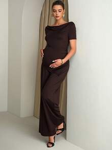 MaterniChic Maternity Clothes Maternity Co Ord Summer Pregnant Clothes Brown Two-Piece Set Highly Elastic  Elegant - Brown - View 8