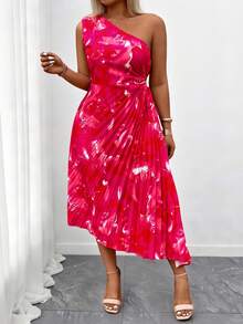 Breezaya Women's Elegant Oblique Shoulder Ombre Pleated RedOne Shoulder Summer Dress - Hot Pink - View 4