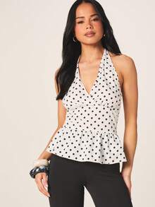 MISSGUIDED Women's Polka Dot Halter Neck Peplum Top With Smocked Bodice And Ruffle Hem Detail - White - View 1