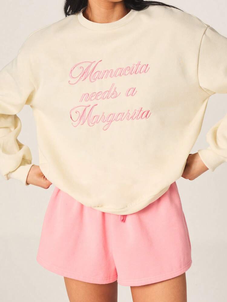 MISSGUIDED Mamacita Needs A Margarita Pink Script Crew Neck Long Sleeve Casual Sweatshirt For Women Winter Comfort Loungewear
