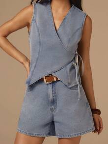 COSMINA Denim Bộ đồ nữ đi nghỉ mát thường ngày gồm áo khoác gile và quần short denim. - Màu xanh lam - Xem 3