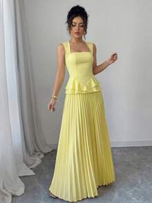 Elenzga 女士无袖弹力腰A字优雅浪漫连衣裙 - 淡黃色 - 查看 4