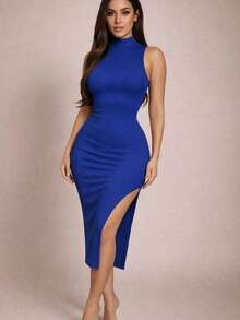 UNITALLA Vestido Midi en Tela Acanalada Sin Mangas con Cuello Alto y Abertura Lateral - azul real - Ver 2