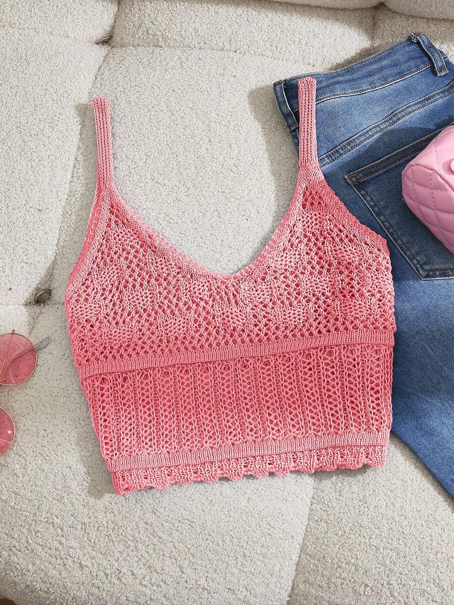 SHEIN Swim 女士纯色镂空吊带背心,度假装 - 粉色 - 查看 1
