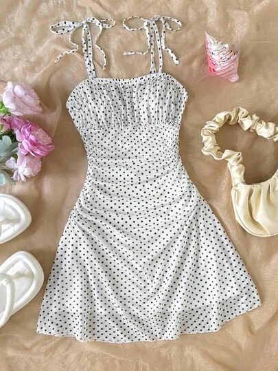 SHEIN Tween Girls Black & White Polka Dot Camisole Cinched Waist Casual Dress, Versatile For Vacation, Daily Wear, Photo Shoot