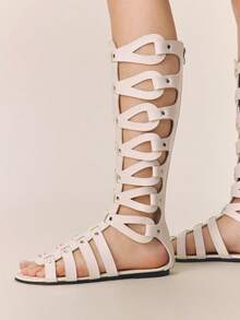 Styleloop Women's Flat Sandals Black Long Summer Cool Boots Cross Woven Vacation Sandals Roman Beach Sandals Leather Face Knee High Boots Holiday Travel Essential Boho Cowgirl Outfit Coachella - White - View 3