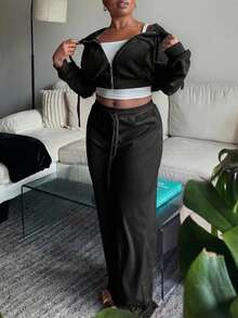 Bộ đồ hai mảnh nữ Dây kéo Túi màu trơn Buổi tiệc - màu đen - Xem 5