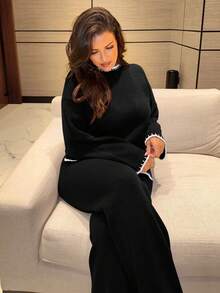 MDEdit 2 件套女士撞色立领毛衣和裤子套装，休闲 - 黑與白 - 查看 3