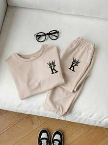 2pcs Young Boys' Casual Comfortable Versatile Printed T-Shirt And Pants Set - Khaki - View 6