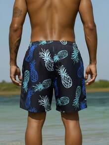 Manfinity Swimmode Quần short đi biển nam in hình quả dứa, cạp chun, kiểu dáng thường ngày, họa tiết hoa xanh dương, quần bơi nam in hình quả dứa. - màu đen - Xem 2