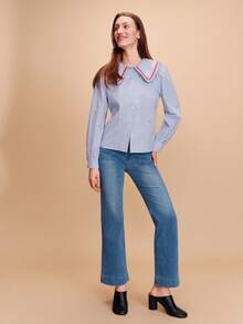 lacRébo Blue Embroidered Shirt With An Oversized Collar And Contrasting Red Lace Trim Spring Summer French Style Parisian Style Business Casual - Blue and White - View 5