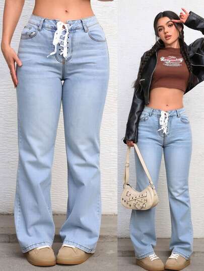 Jeans Rectos de Alta Elasticidad de Cintura Media con Cordones de Color Azul Claro para Mujer, Pantalones que Levantan las Nalgas