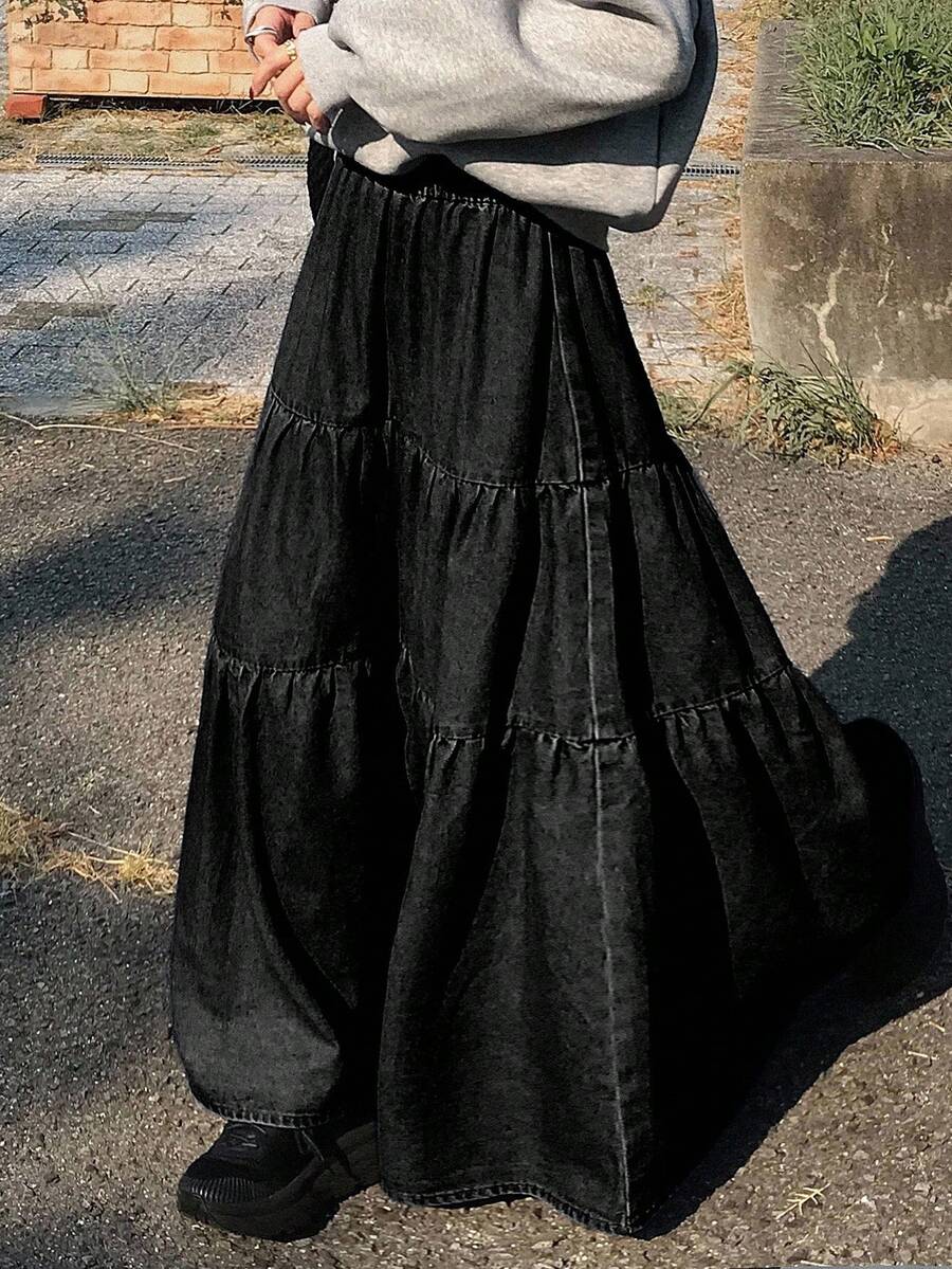 FRIFUL Women's Elastic Waist Pleated Casual Versatile Daily Wear Denim Skirt - Black - View 1