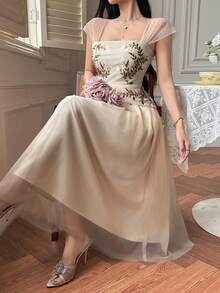 DAZY Floral Embroidery Contrast Mesh Pleated High Waist Dress For Women Sundress Summer - Pink - View 6
