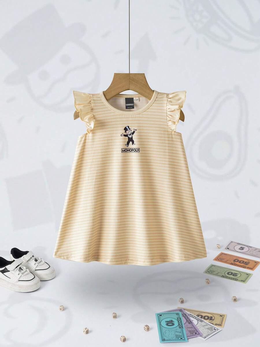 MONOPOLY X SHEIN 女婴条纹圆领短袖可爱连衣裙，MONOPOLY - 黃色 - 查看 1