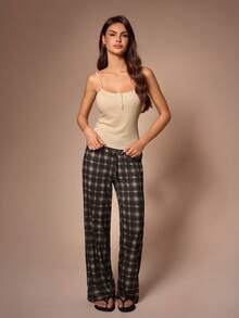 SHEIN French Lace Ribbed Camisole & Classic Plaid Wide Leg Pants Women Pajama Set - Multicolor - View 5