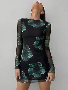 Aloruh Vestido mini ajustado de manga larga con espalda abierta y estampado de batik con cordones, sexy y de moda para mujer - Negro - Ver 5
