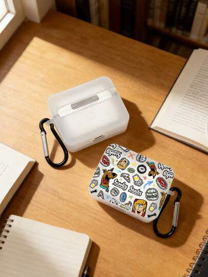 SCOOBY-DOO X SHEIN 史酷比神秘狗复古卡通喷砂透明方形防震耳机盒（赠送登山扣），神秘机器图案配件，适用于无线耳机 1/2/Pro/Pro 3，快速发货