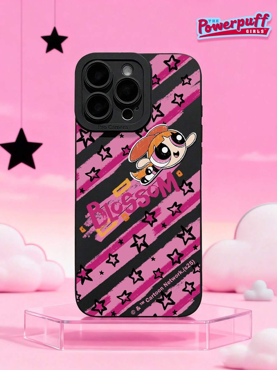 THE POWERPUFF GIRLS X SHEIN 飞天小女警花花手机壳,黑色软TPU保护套,磨砂质感,保护摄像头镜头,粉色条纹星星涂鸦印花,可爱卡通人物设计,防震保护套,日常使用及生日礼物,适合女孩和卡通迷,兼容iPhone 11/12/13/14/15/16/17 Pro Max,手机配件,快速发货 - 黑色 - 查看 1