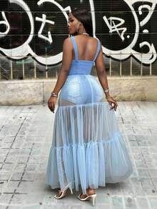 Slaydiva Women's Fashion Semi-Sheer Mesh Skirt With Denim Vest Patchwork Backless Top - Blue - View 2