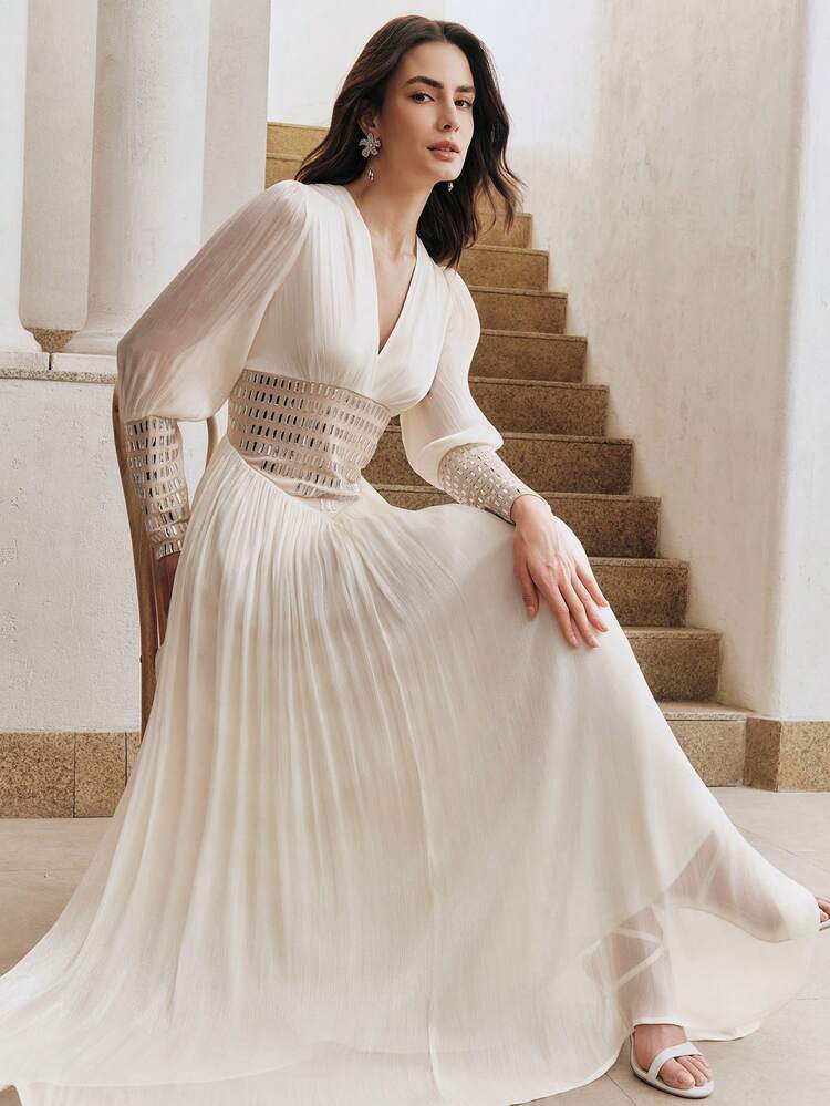 Anewsta Women's Spring/Summer Apricot Elegant V-Neck Puff Sleeve A-Line Waist Slimming Long Dress, Shiny Fabric, Rhinestone Embellished Cuffs And Waist, Suitable For Daily Gatherings, Parties, Valentine's Day, Weddings, Carnivals