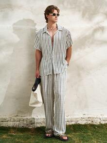 Airaco Men's Striped Short Sleeve Single-Breasted Shirt And Pants Casual Suit Vintage Outfit For Men Men Clothes Two Piece Mens Summer Holiday Clothes Linen Two Piece Set For Men Beach Outfit For Men Top Vacation Outfits For Men Linen Two Piece Set Men - Black and White - View 8